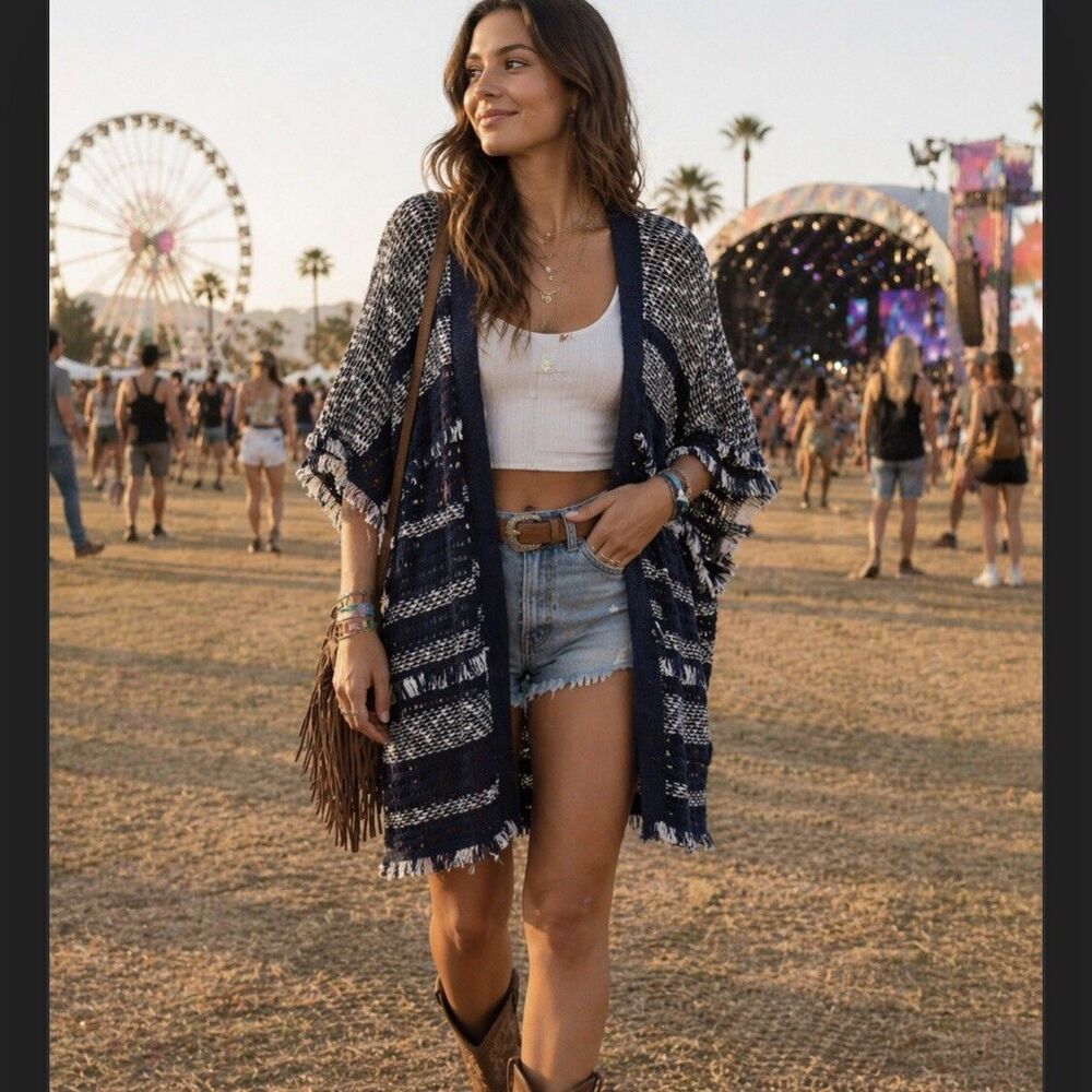 Lucky Brand Open Front Crochet Kimono M/L Fringe Cardigan Boho Western Cowgirl